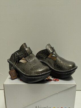 Alegria Pewter Embossed Patent Leather Slip On Clogs